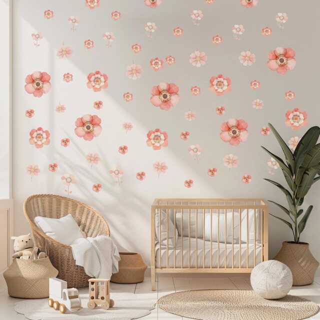 Pink Floral Wall Stickers, Boho Nursery Decals, Girls Bedroom Decor, Flower Peel & Stick Flowers - image 1