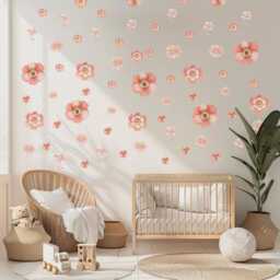 Pink Floral Wall Stickers, Boho Nursery Decals, Girls Bedroom Decor, Flower Peel & Stick Flowers - thumbnail 1
