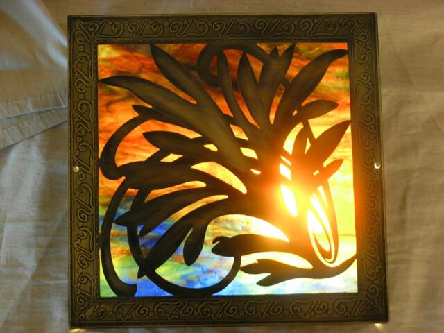 Lamp For Ceiling Or Wall Panels, 10/10 Inch, Brass, Stained Glass