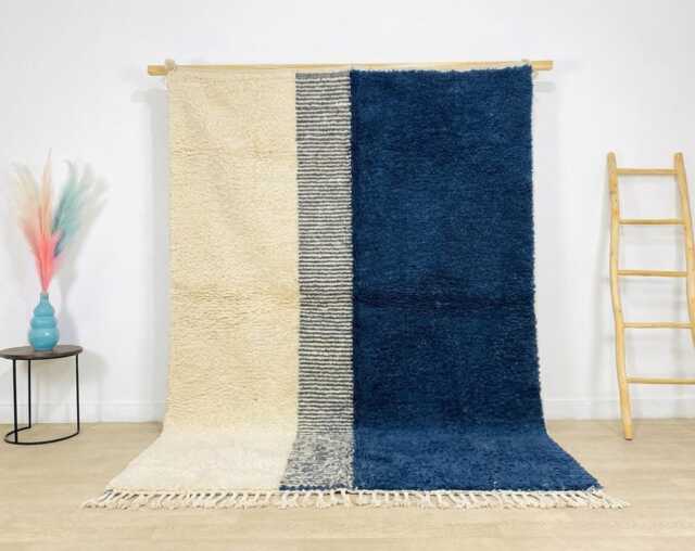 Electric Blue & White Bauhaus Moroccan Rug, Abstract Geometric Grid Berber Carpet, Large Handmade Wool Shag Modern Maximalist Decor - image 1