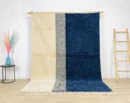Electric Blue & White Bauhaus Moroccan Rug, Abstract Geometric Grid Berber Carpet, Large Handmade Wool Shag Modern Maximalist Decor - thumbnail 1