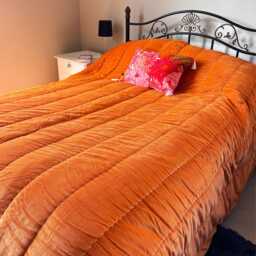 Hand Quilted Velvet Bedspread, Orange Super King Size, Cozy Bedding - thumbnail 1