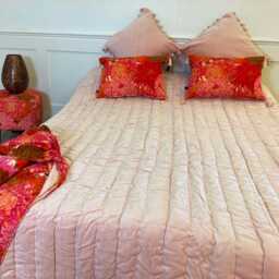 Hand Quilted Velvet Bedspread, Orange Super King Size, Cozy Bedding - thumbnail 2