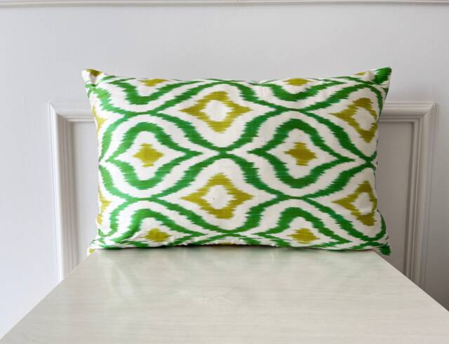 Silk Ikat Lumbar Pillow Green & Yellow Accent Cushion - 16 X 24 - image 1