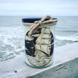 Handmade Candle in A Glass Jar Made From Recycled Wax, Sailboat Print, Ship, Sea, Maritime. Jar Candle, Handmade, Sailing Recycling - thumbnail 1