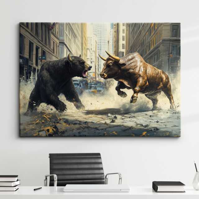 Bear Vs Bull Stock Market Wall Street Trading Painting Finance Inspirational Framed Canvas Art Poster Print Home & Office Room Decor - image 1