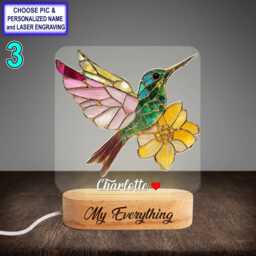 Personalized Hummingbird With Flower Acrylic Night Light With Name Engraving, Beech Wood Led Lamp, Custom Laser Engraved Gift - thumbnail 3