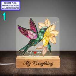 Personalized Hummingbird With Flower Acrylic Night Light With Name Engraving, Beech Wood Led Lamp, Custom Laser Engraved Gift