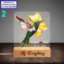 Personalized Hummingbird With Flower Acrylic Night Light With Name Engraving, Beech Wood Led Lamp, Custom Laser Engraved Gift - thumbnail 2