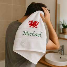 Personalised Wales Bath Towel Red Cymru Dragon Embroidered With A Name - Proud To Be Welsh Gift Choice Of Or Hand & Face Cloth - thumbnail 1