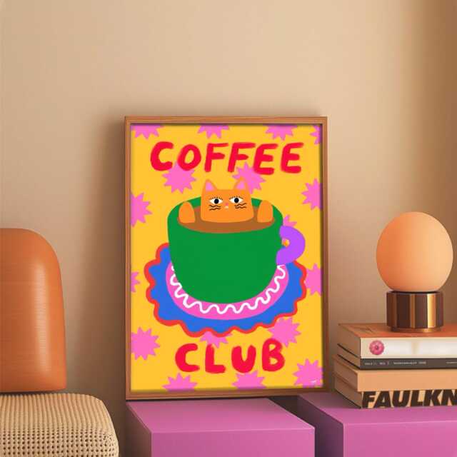 Coffee Club Cat Art Print Funny Feline Illustration - image 1