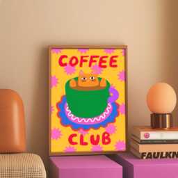 Coffee Club Cat Art Print Funny Feline Illustration - thumbnail 1