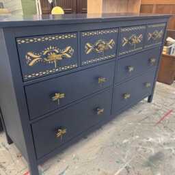 Large Painted Chest Of Drawers Merchant Navy Gold Indian Bone Inlay Dragonfly Handles - thumbnail 3