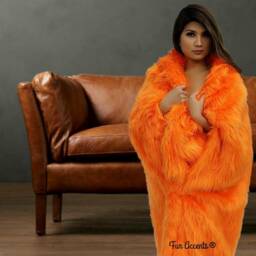 Orange Plush Faux Fur Throw Blanket - Minky Cuddle Lining, Hand Made Usa - thumbnail 3