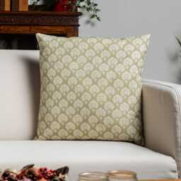 Wildflower Cushion in Soft Green. Block-Print Floral, Blossoms & Botanical Design, Multicoloured. 17x17
