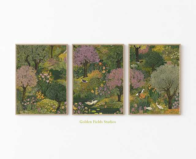 Botanical Garden Art Print Set Vintage Woodland Landscape, Set Of 3 - image 1