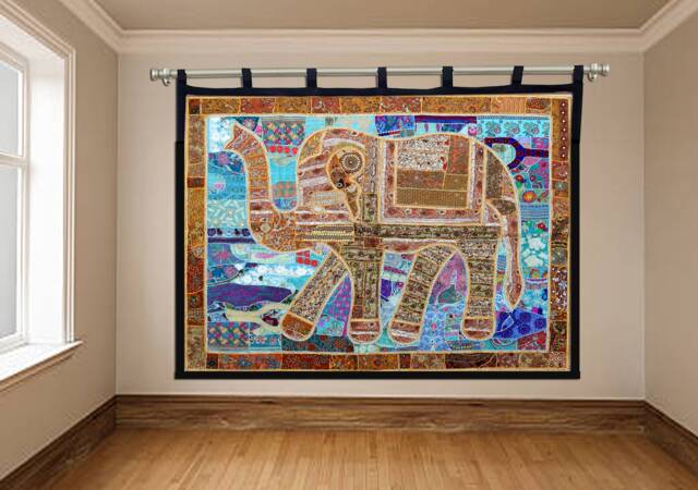 Elephant Tapestry Vintage Patchwork, Beaded Bohemian Wall Hanging - 80x100 Inches - image 1