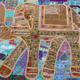 Elephant Tapestry Vintage Patchwork, Beaded Bohemian Wall Hanging - 80x100 Inches - thumbnail 2