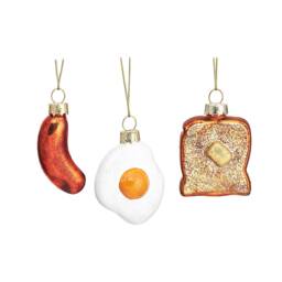 Mini English Breakfast Glass Christmas Tree Hanging Decorations - Festive Winter Food Foodie Chef Sausage Fried Egg Toast Fry Up Set Of 3