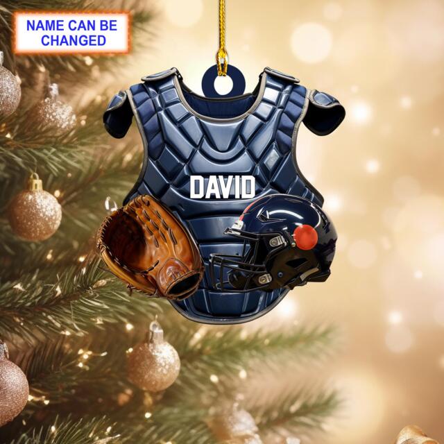Custom Name Baseball Catcher Chest Protector & Helmet Personalized Ornament, Christmas Tree Hanging, Flat 2D Ornament - image 1