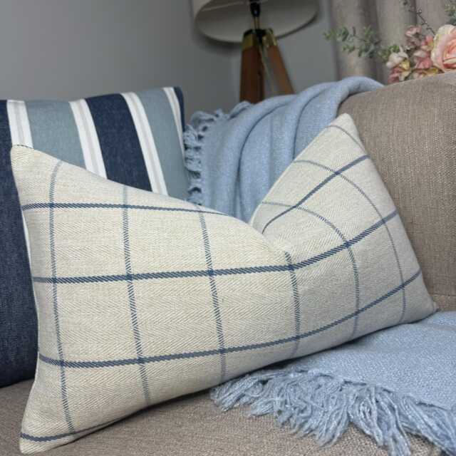 "Highland Tartan Check Cushion Cover Beige & Blue Countryside Decor For Modern Sofa - 12""x20" - image 1
