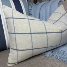 "Highland Tartan Check Cushion Cover Beige & Blue Countryside Decor For Modern Sofa - 12""x20" - thumbnail 2
