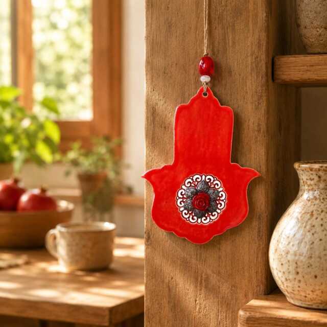 Hamsa Wall Art, Handcrafted Ceramic Hanging, Home Decoration Protection, Good Luck Amulet, Rose Design Hanging - image 1