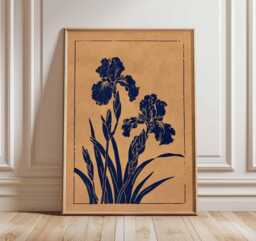 Botanical Iris Wall Art Print, Linocut Style Floral Poster, Navy Blue Flower Illustration, Minimal Nature Home Decor - thumbnail 1