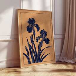 Botanical Iris Wall Art Print, Linocut Style Floral Poster, Navy Blue Flower Illustration, Minimal Nature Home Decor - thumbnail 2