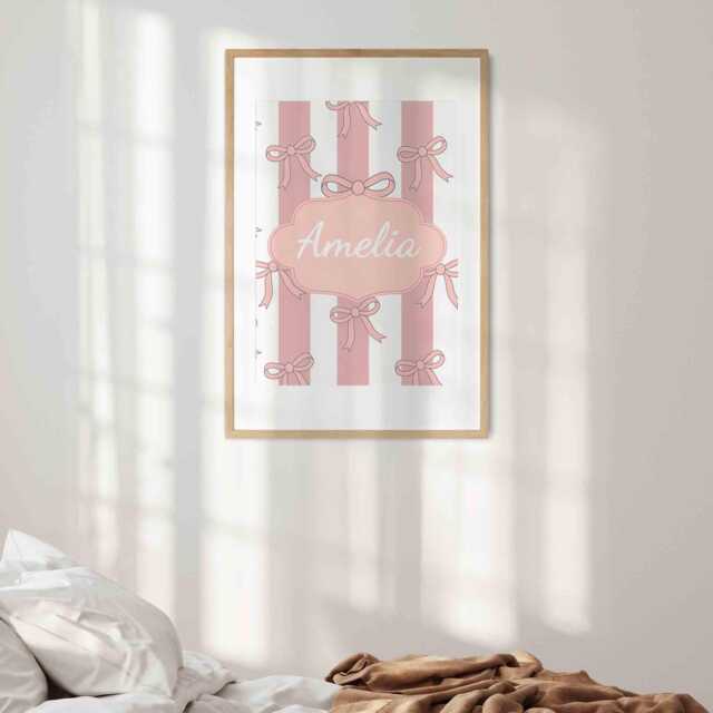 Personalised Pink Bow Stripe Wall Art - Custom Name Print Cute Nursery Poster Baby Girl Bedroom Decor Striped Keepsake Gift - image 1
