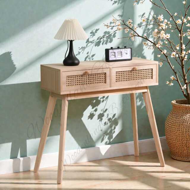 Rattan Console Table With 2 Drawers, Slim Wooden Hallway & Living Room - image 1