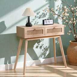 Rattan Console Table With 2 Drawers, Slim Wooden Hallway & Living Room