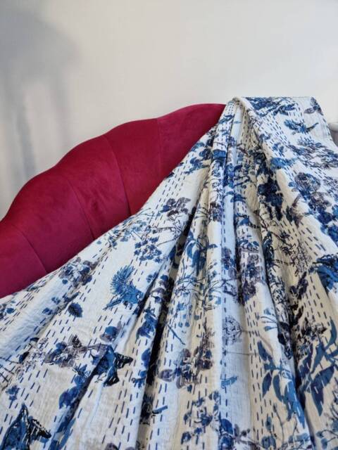 Kantha Stitch Pure Cotton Reversible Bed/Sofa Throw King Size - Handmade Handprinted Floral Dohar Spring White Blue Bird Leaves Tree Dream - image 1