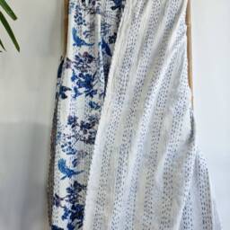 Kantha Stitch Pure Cotton Reversible Bed/Sofa Throw King Size - Handmade Handprinted Floral Dohar Spring White Blue Bird Leaves Tree Dream - thumbnail 4