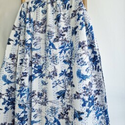 Kantha Stitch Pure Cotton Reversible Bed/Sofa Throw King Size - Handmade Handprinted Floral Dohar Spring White Blue Bird Leaves Tree Dream - thumbnail 2