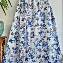 Kantha Stitch Pure Cotton Reversible Bed/Sofa Throw King Size - Handmade Handprinted Floral Dohar Spring White Blue Bird Leaves Tree Dream - thumbnail 3