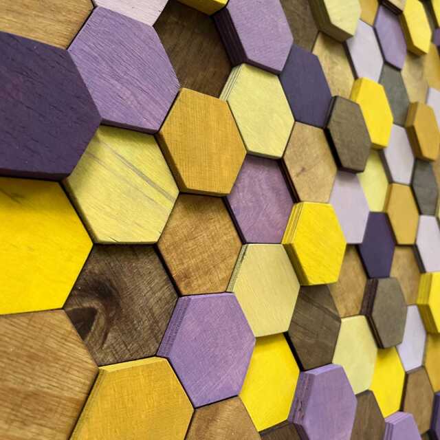 Reclaimed Wood Hexagon Wall Art - Brown, Yellow, Purple Mosaic - image 1