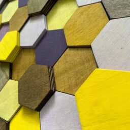 Reclaimed Wood Hexagon Wall Art - Brown, Yellow, Purple Mosaic - thumbnail 4