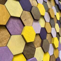 Reclaimed Wood Hexagon Wall Art - Brown, Yellow, Purple Mosaic - thumbnail 3