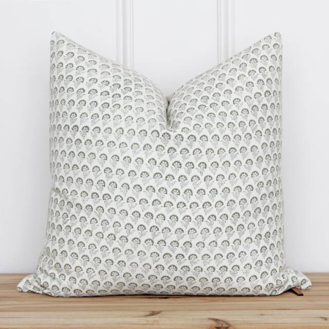 Floral Hand Block Botanical Pillow Cover - Green Indian Printed Throw -- Banks - image 1