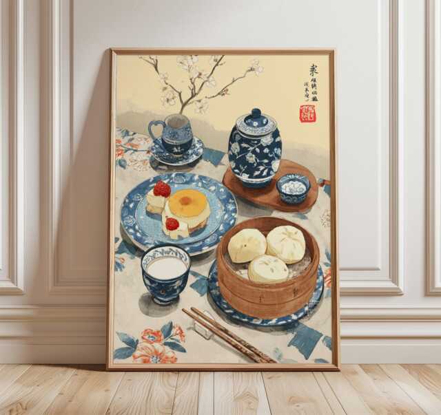 Chinese Breakfast Wall Art Set, Blue & White Porcelain Prints, Tea Dim Sum Posters, Asian Kitchen Decor, Elegant Dining Artwork - image 1
