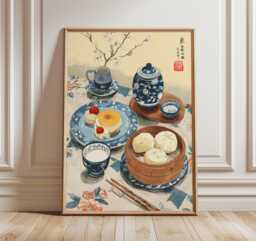 Chinese Breakfast Wall Art Set, Blue & White Porcelain Prints, Tea Dim Sum Posters, Asian Kitchen Decor, Elegant Dining Artwork - thumbnail 1