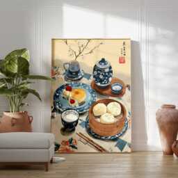 Chinese Breakfast Wall Art Set, Blue & White Porcelain Prints, Tea Dim Sum Posters, Asian Kitchen Decor, Elegant Dining Artwork - thumbnail 3