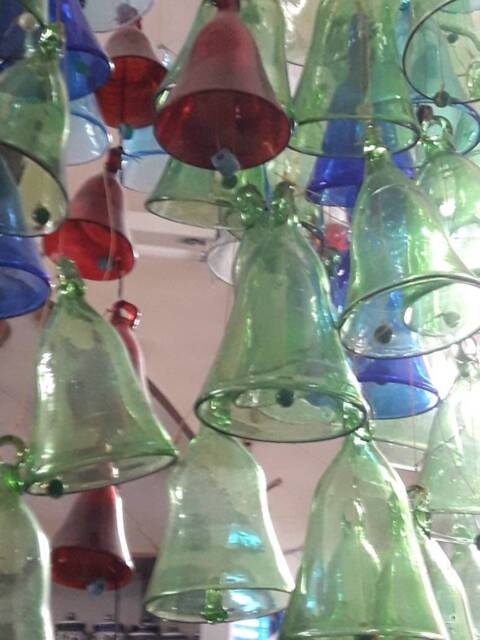 Christian Bells 4 Green Glass, Wind Chime Chime, Sun Catcher Glass Hand Blown, Christmas Tree - image 1