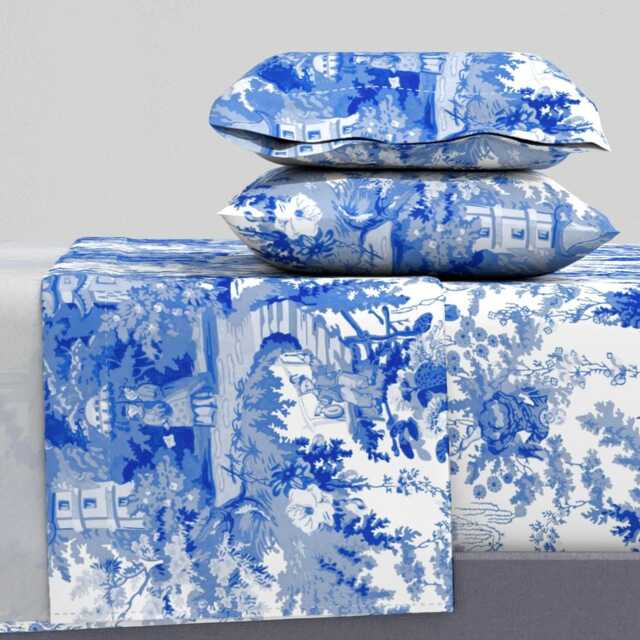 Chinoiserie Sheets - Palace Blue By Peacoquettedesigns Toile Du Jouy Nature Cotton Sateen Sheet Set Bedding Spoonflower - image 1