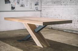Industrial Oak Dining Table, Silver Metal Accents, Loft Style