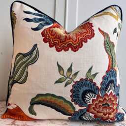 Schumacher Luxury Designer Hothouse Flowers Spark Orange Green Blue Cream Cushion Pillow Cover Navy Piping - thumbnail 2