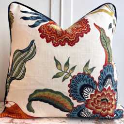 Schumacher Luxury Designer Hothouse Flowers Spark Orange Green Blue Cream Cushion Pillow Cover Navy Piping - thumbnail 1