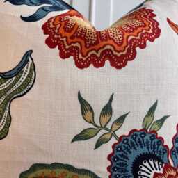 Schumacher Luxury Designer Hothouse Flowers Spark Orange Green Blue Cream Cushion Pillow Cover Navy Piping - thumbnail 3