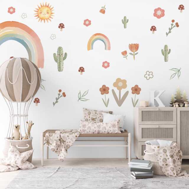 Boho Rainbow Wall Decals, Nursery Stickers, Cactus Decor, Retro Floral Peel & Stick Decor - image 1
